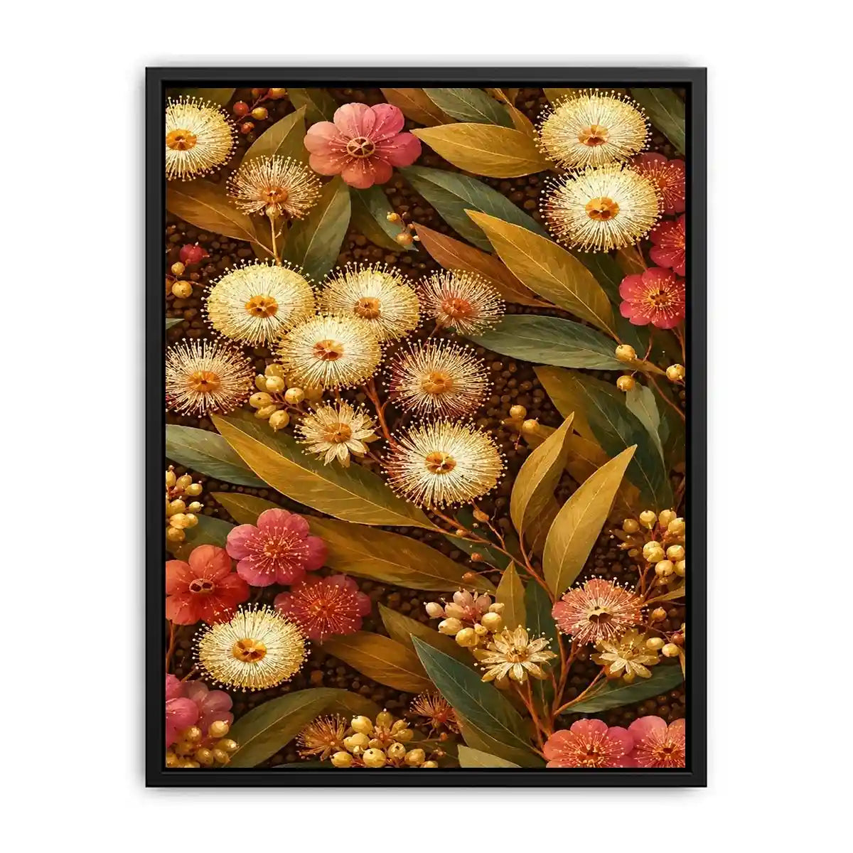 Native wildflower canvas print with gold leaves for elegant bedroom decor.