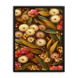 Native wildflower canvas print with gold leaves for elegant bedroom decor.