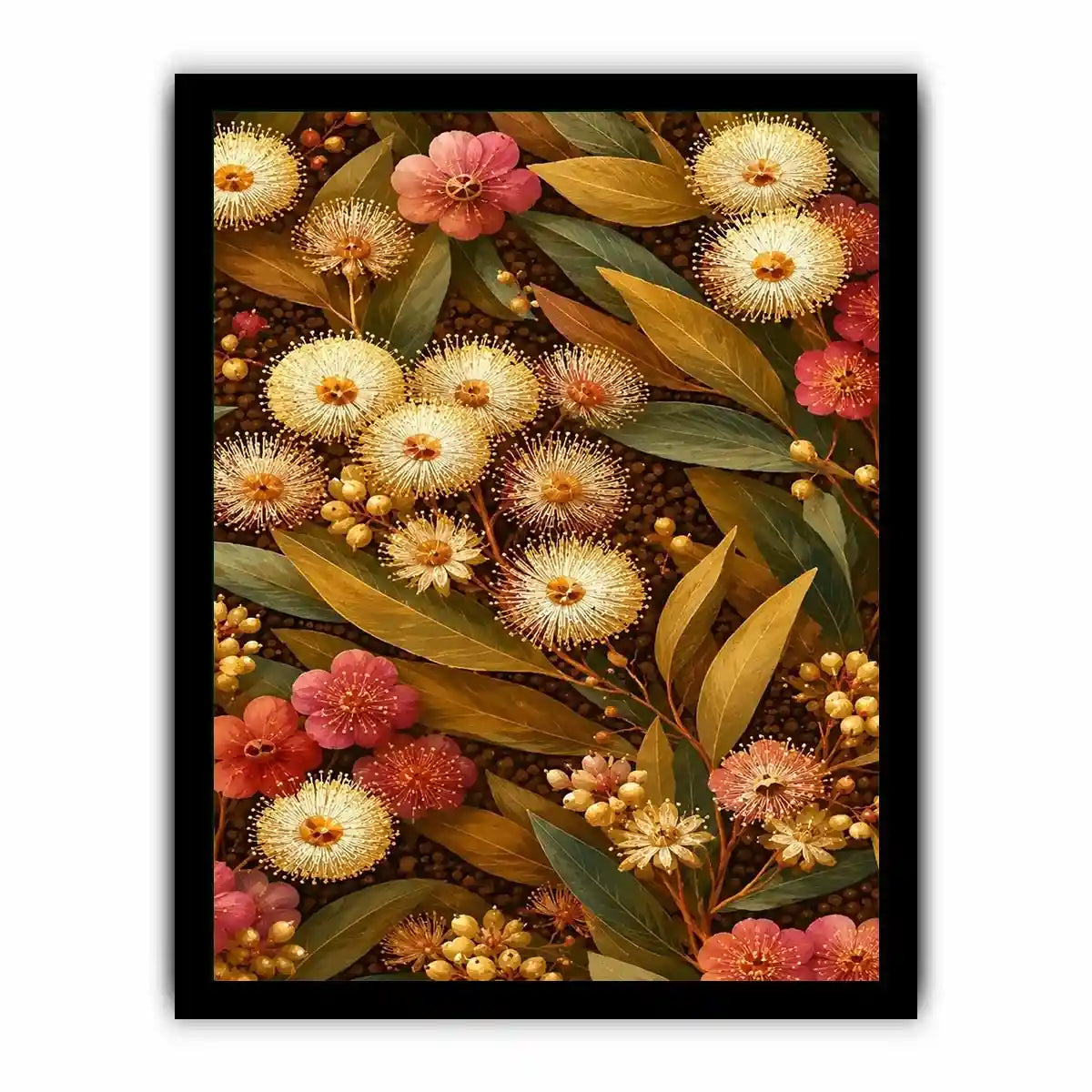 Native wildflower canvas print with gold leaves for elegant bedroom decor.