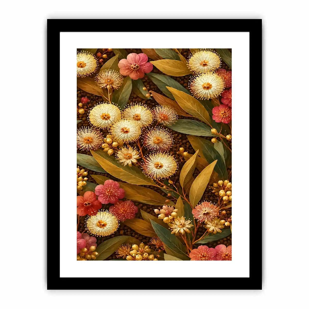 Native wildflower canvas print with gold leaves for elegant bedroom decor.