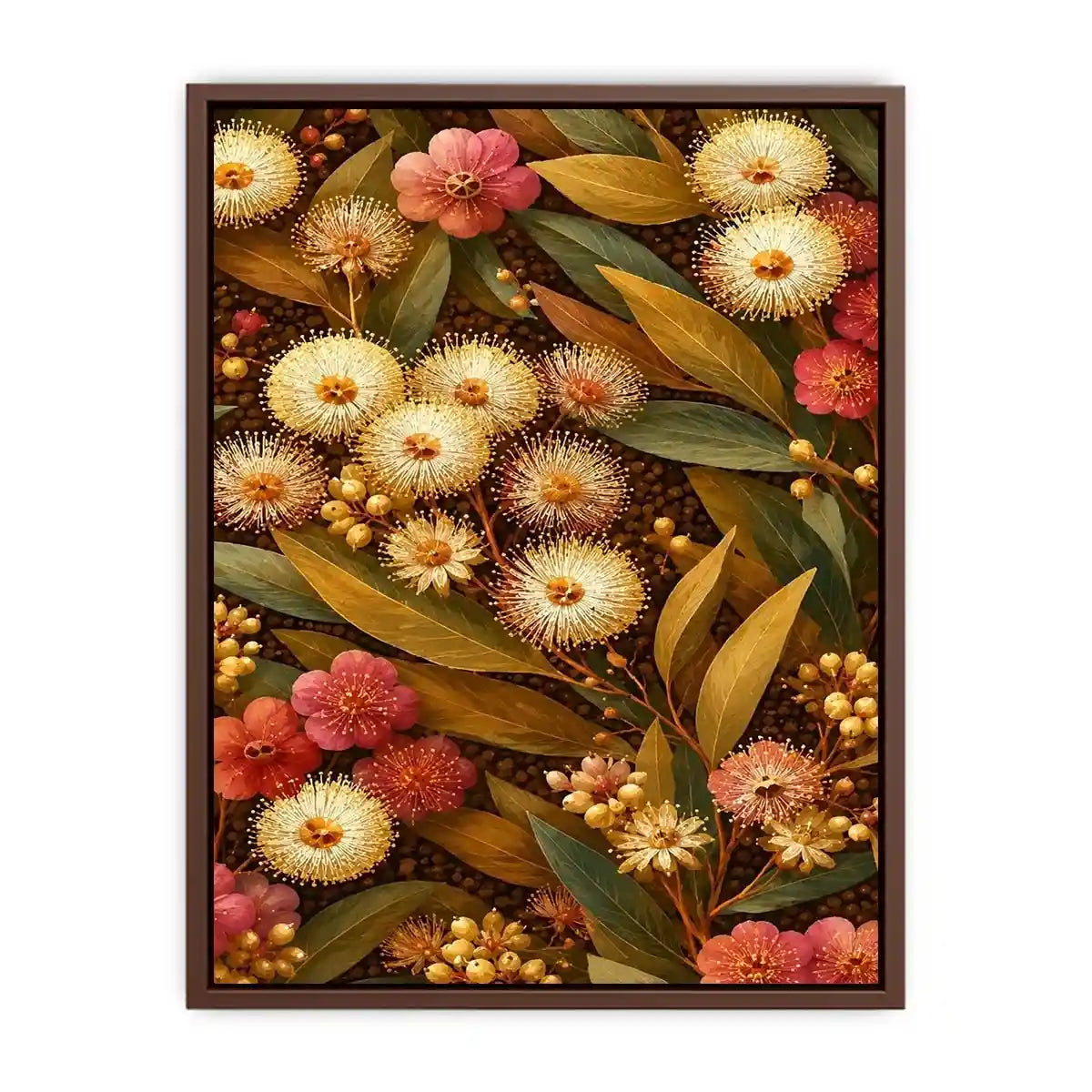 Native wildflower canvas print with gold leaves for elegant bedroom decor.
