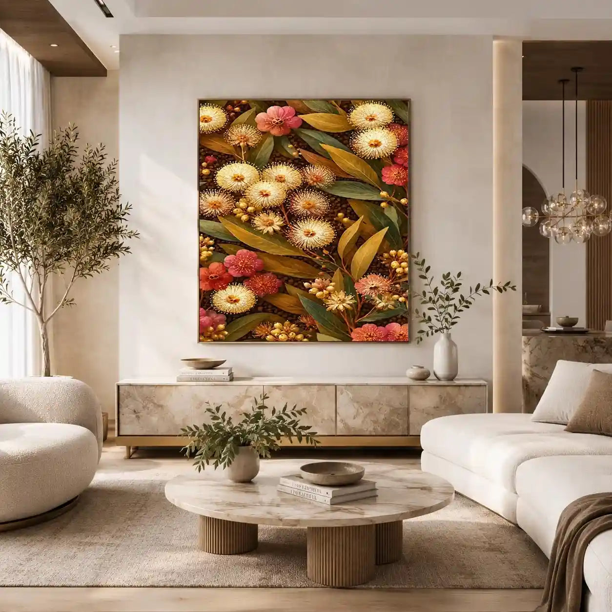 Native wildflower canvas print with gold leaves for elegant bedroom decor.