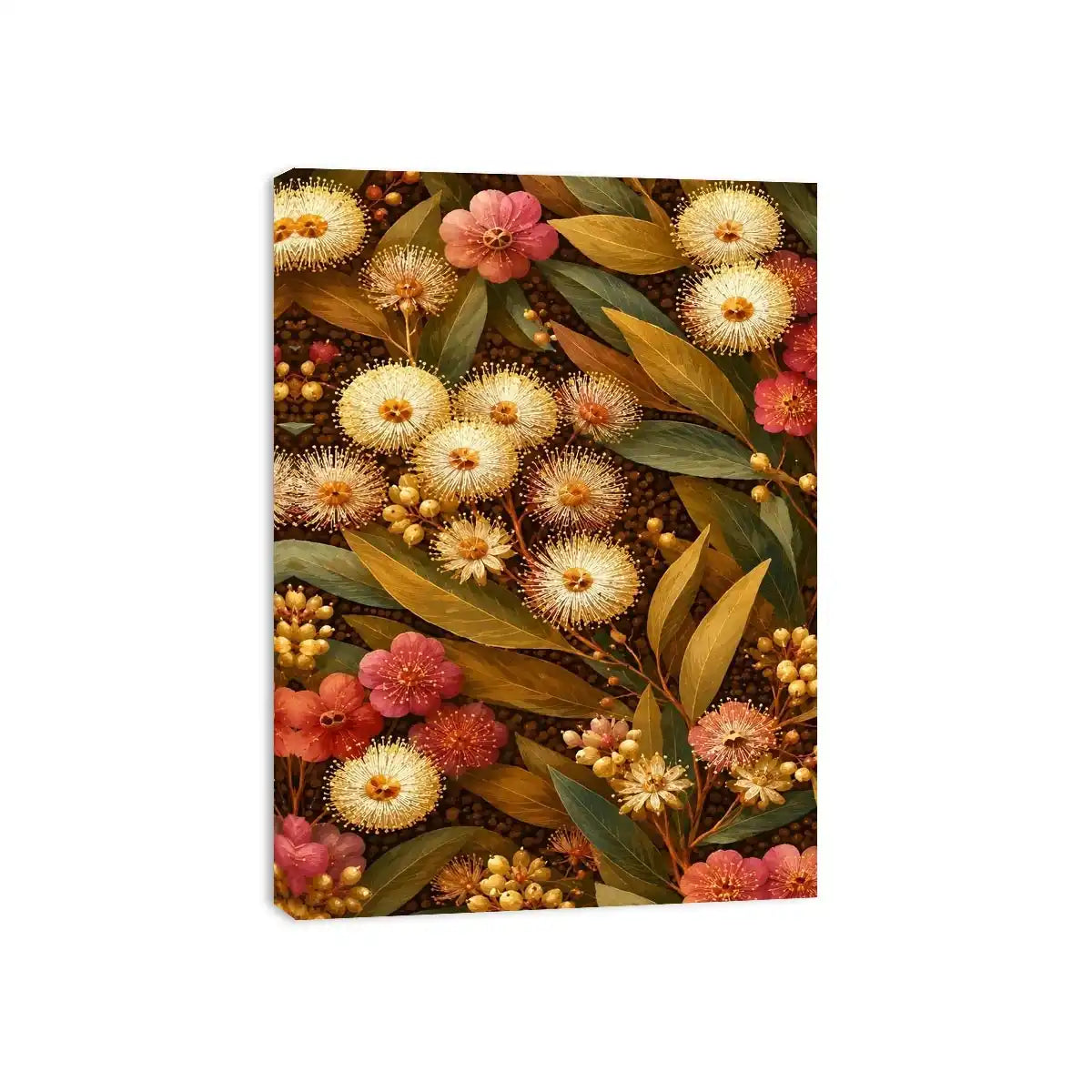 Native wildflower canvas print with gold leaves for elegant bedroom decor.