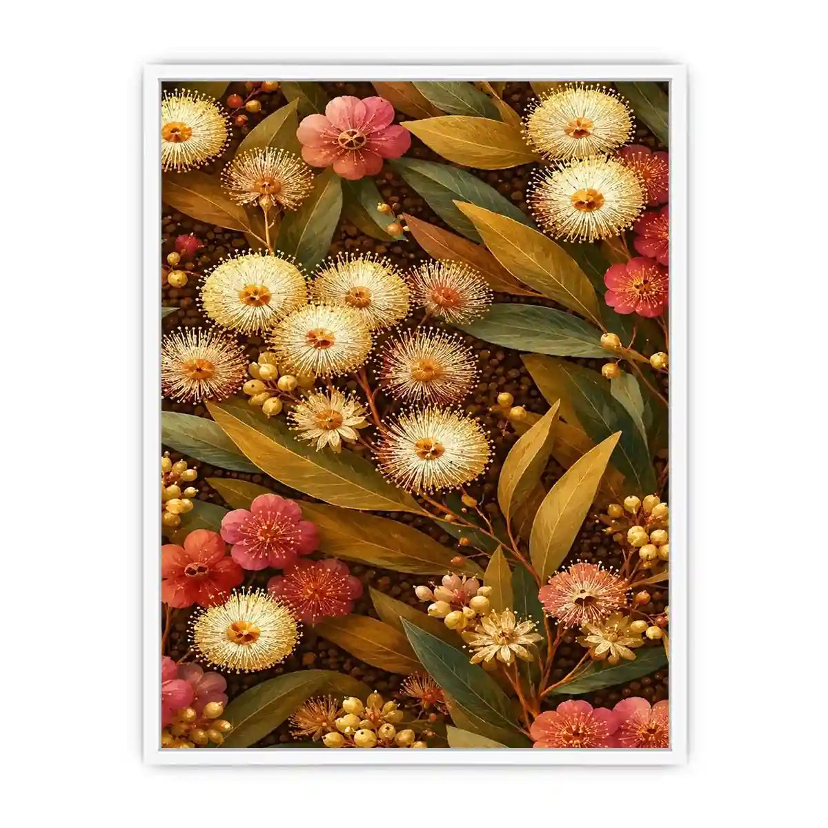 Native wildflower canvas print with gold leaves for elegant bedroom decor.
