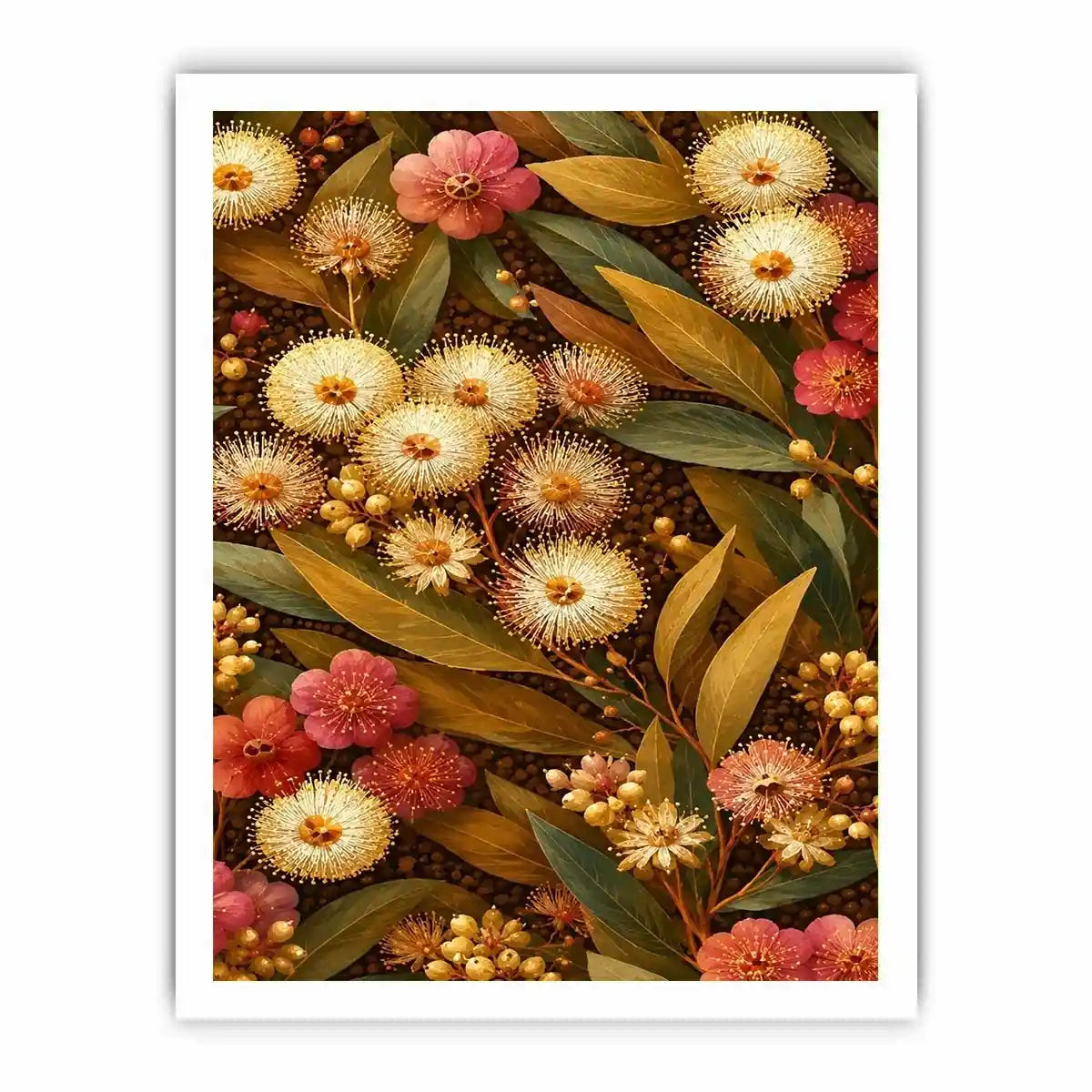 Native wildflower canvas print with gold leaves for elegant bedroom decor.
