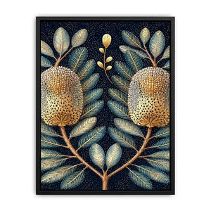 Midnight banksia botanical canvas art for luxury bedroom decor.