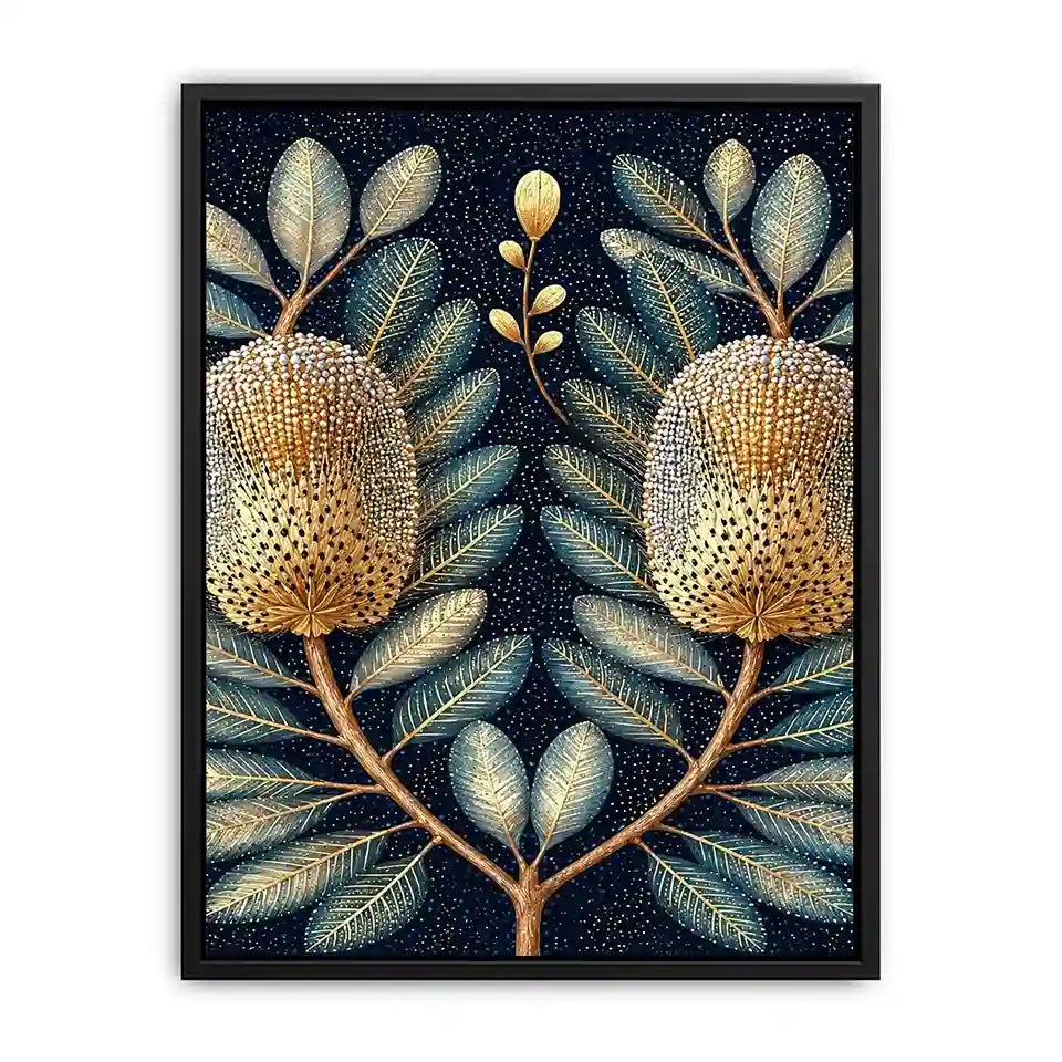 Midnight banksia botanical canvas art for luxury bedroom decor.