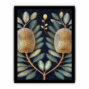 Midnight banksia botanical canvas art for luxury bedroom decor.