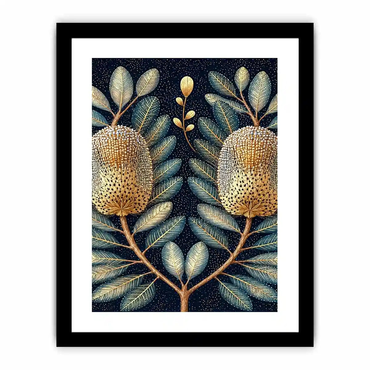 Midnight banksia botanical canvas art for luxury bedroom decor.
