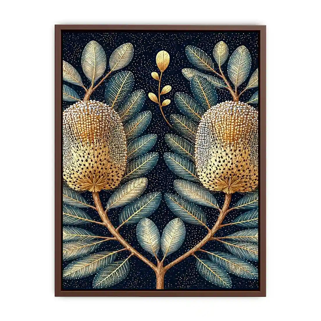 Midnight banksia botanical canvas art for luxury bedroom decor.