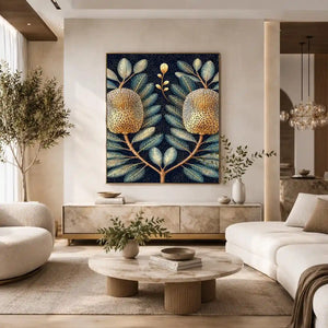 Midnight banksia botanical canvas art for luxury bedroom decor.
