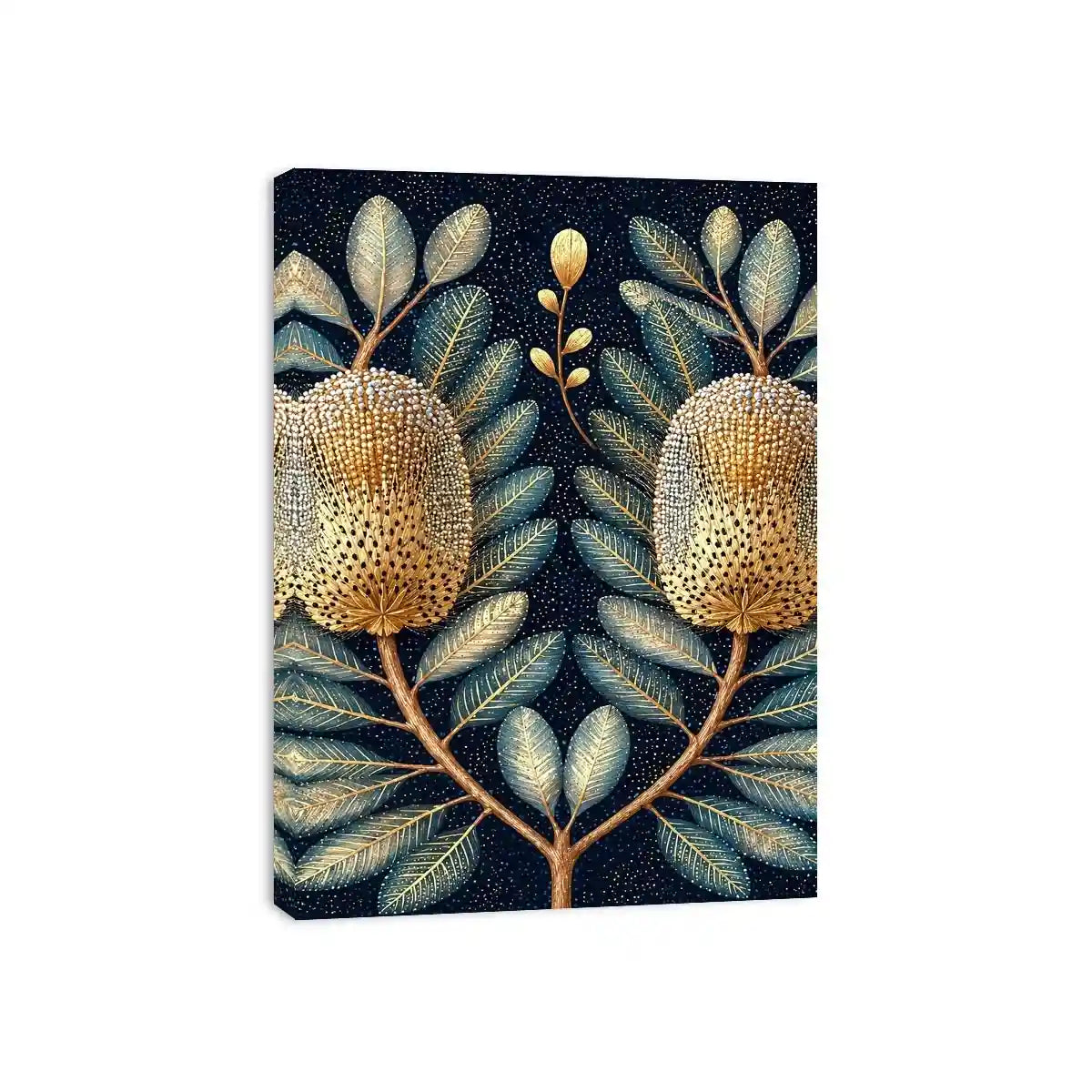 Midnight banksia botanical canvas art for luxury bedroom decor.