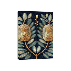 Midnight banksia botanical canvas art for luxury bedroom decor.