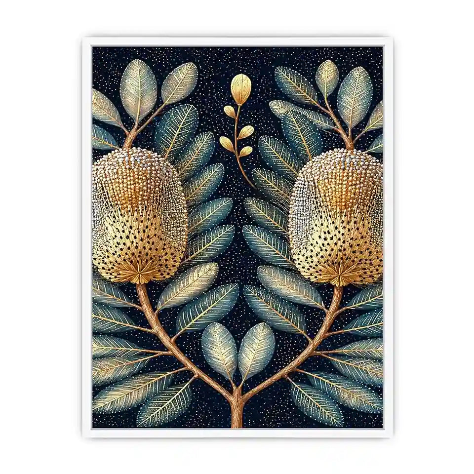 Midnight banksia botanical canvas art for luxury bedroom decor.