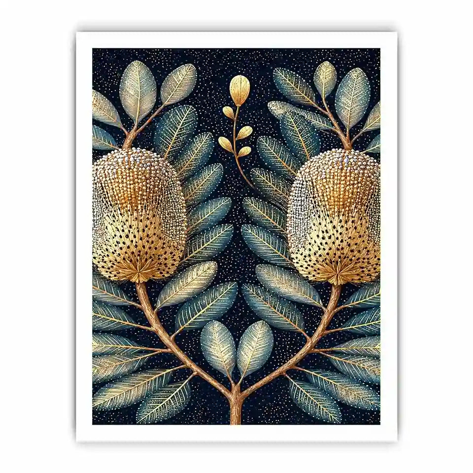Midnight banksia botanical canvas art for luxury bedroom decor.