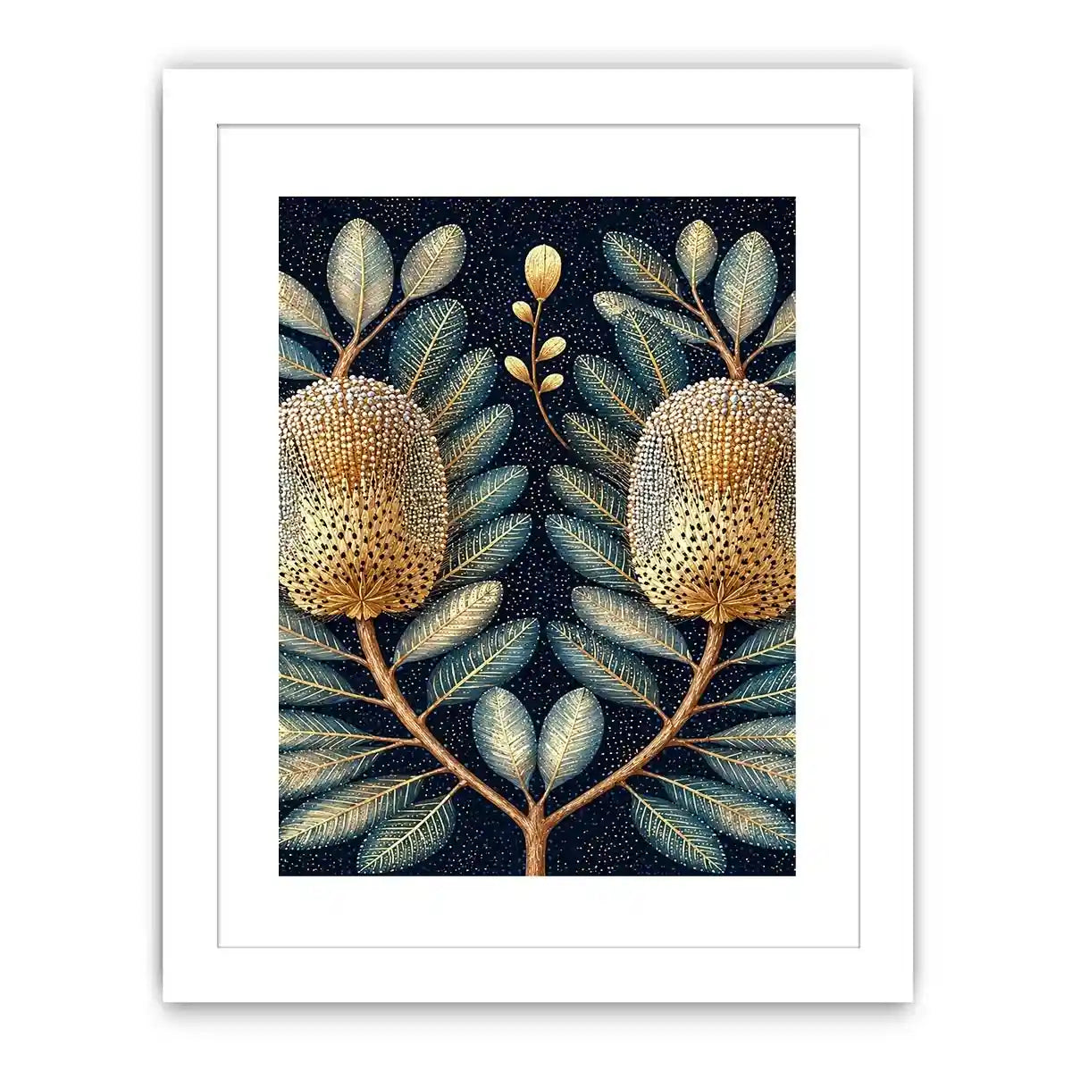 Midnight banksia botanical canvas art for luxury bedroom decor.