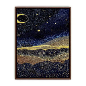 Square blue and gold dot landscape wall art for modern living room decor.