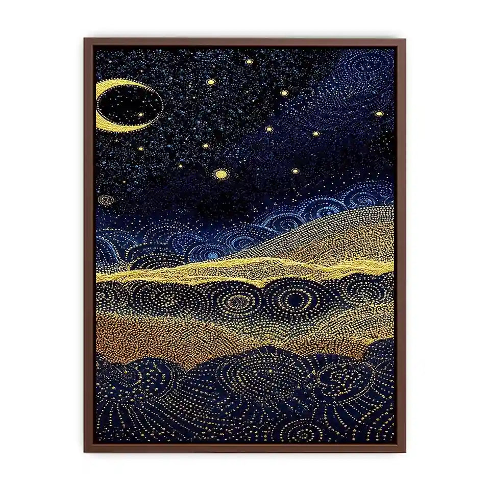 Square blue and gold dot landscape wall art for modern living room decor.