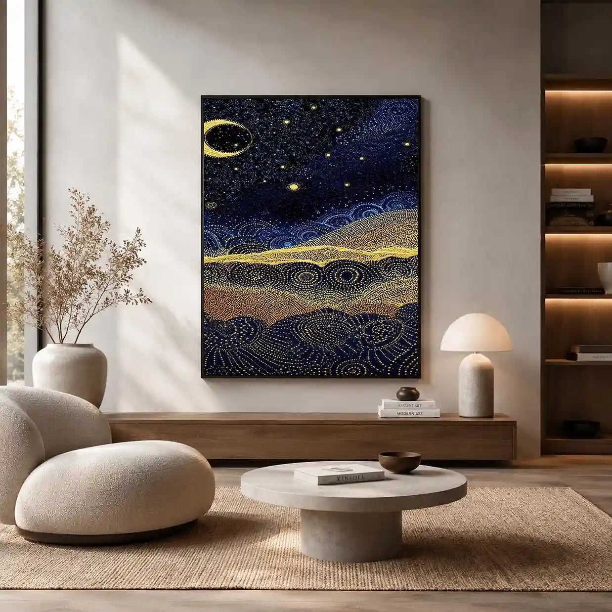 Square blue and gold dot landscape wall art for modern living room decor.
