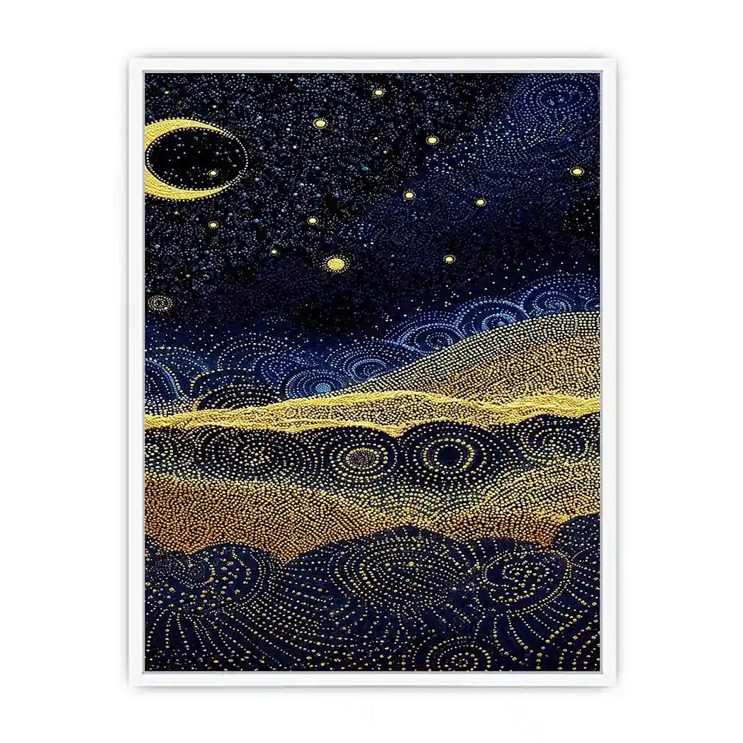 Square blue and gold dot landscape wall art for modern living room decor.