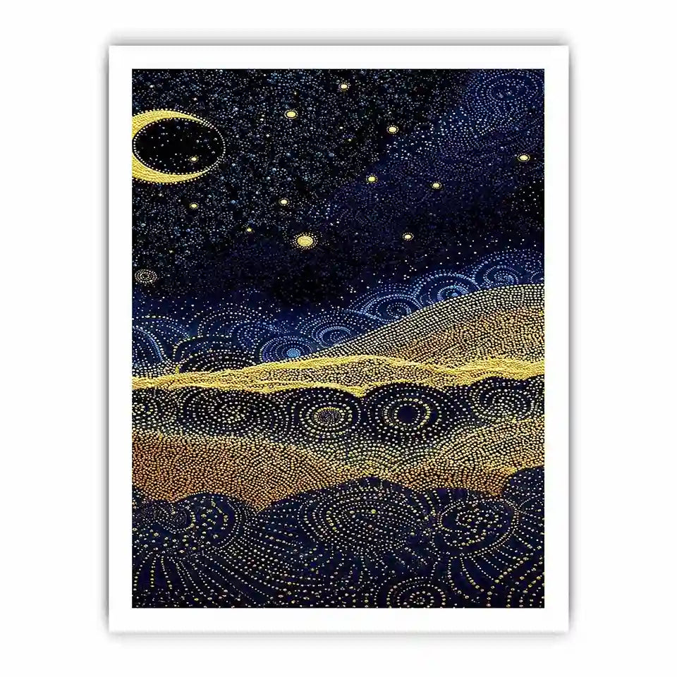 Square blue and gold dot landscape wall art for modern living room decor.