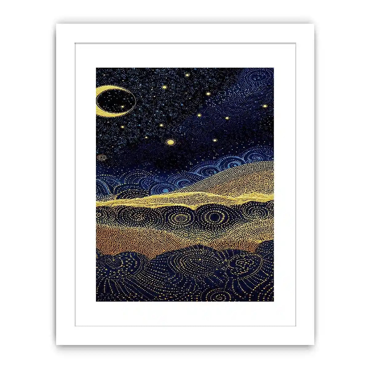 Square blue and gold dot landscape wall art for modern living room decor.