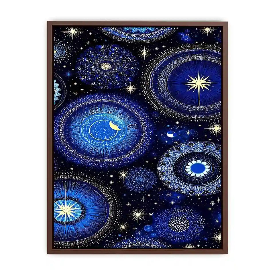 Blue and gold celestial pattern canvas art for dreamy bedroom wall decor.