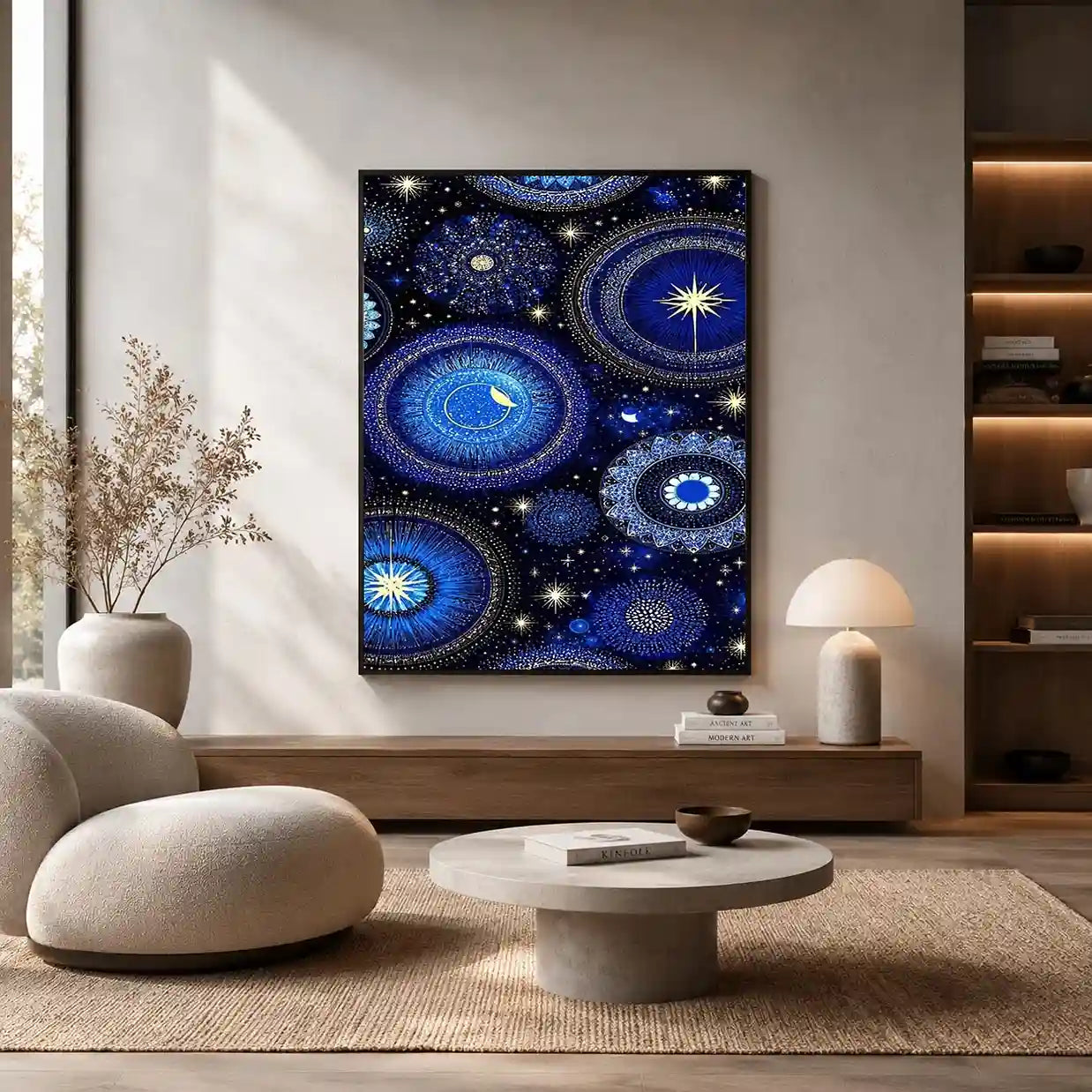 Blue and gold celestial pattern canvas art for dreamy bedroom wall decor.
