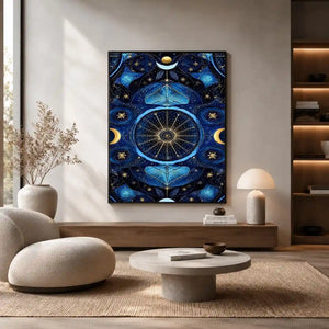 Blue gold celestial mandala wall art for luxury living room decor.