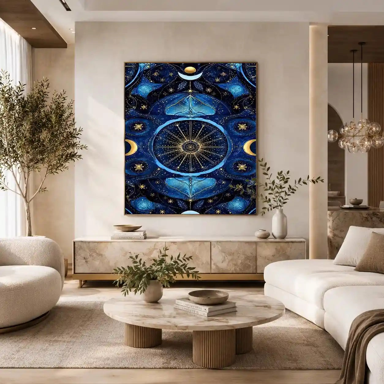 Blue gold celestial mandala wall art for luxury living room decor.