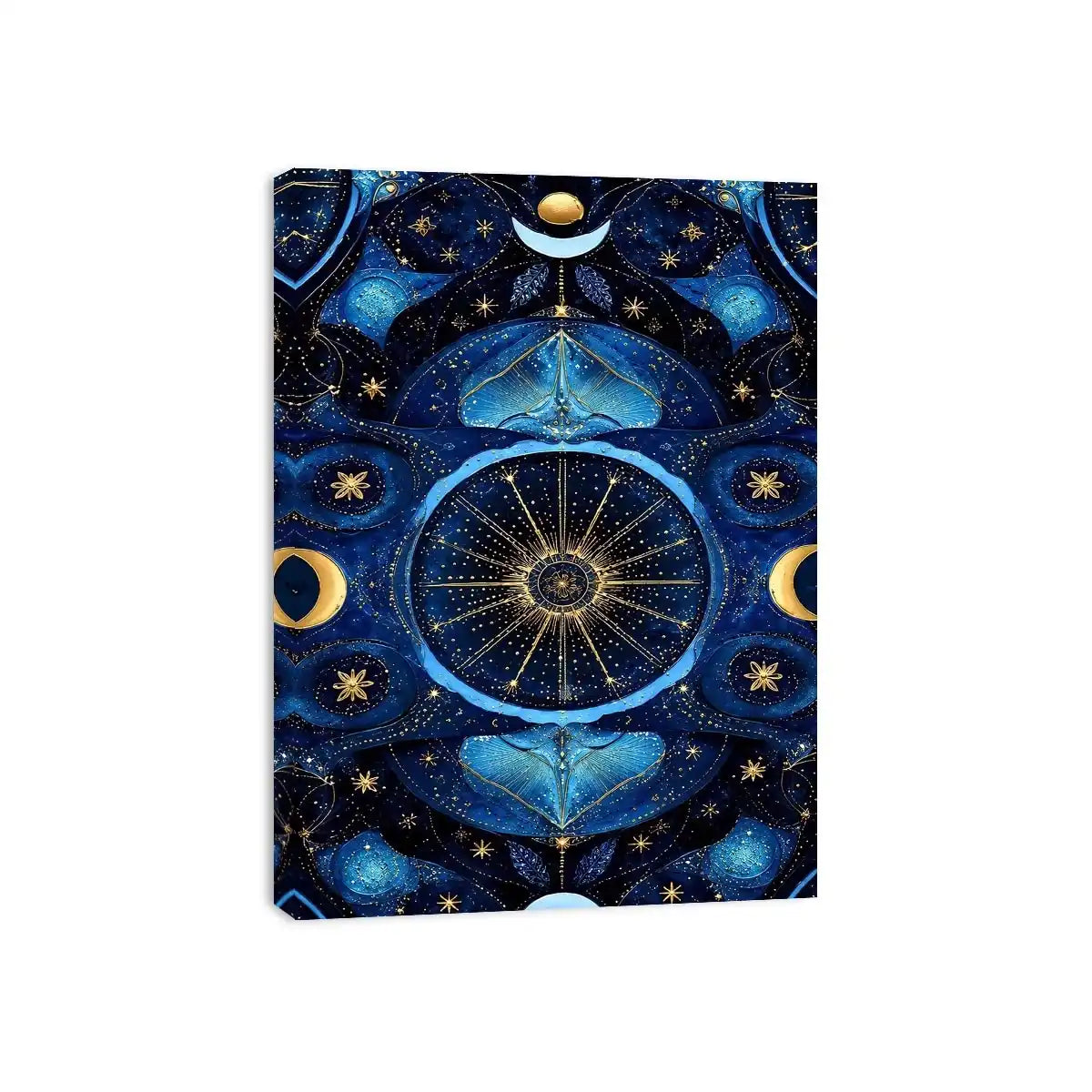 Blue gold celestial mandala wall art for luxury living room decor.