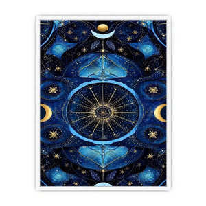 Blue gold celestial mandala wall art for luxury living room decor.