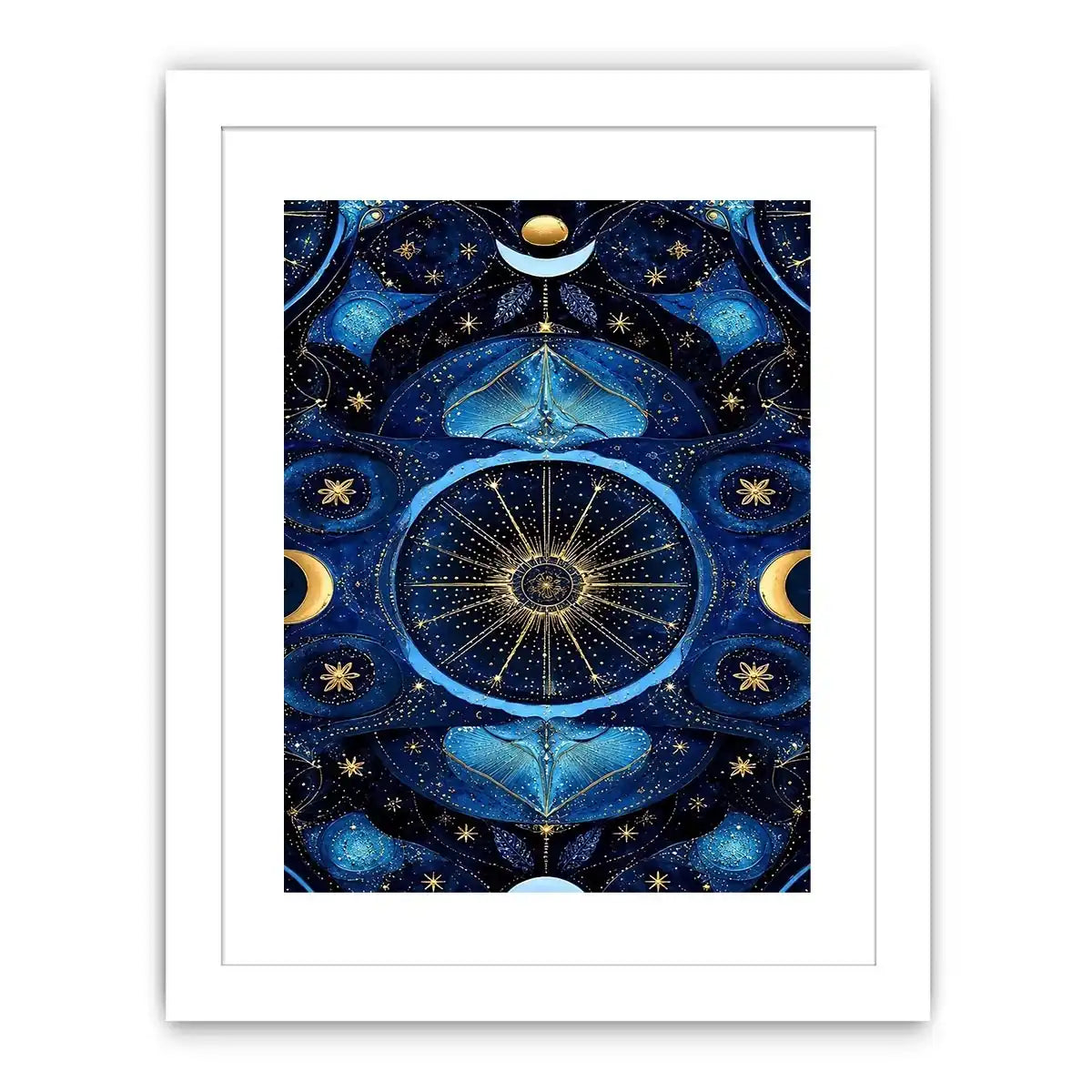 Blue gold celestial mandala wall art for luxury living room decor.