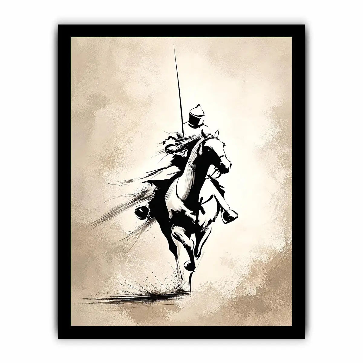 Vertical black ink horse rider canvas art for modern office or living room decor.