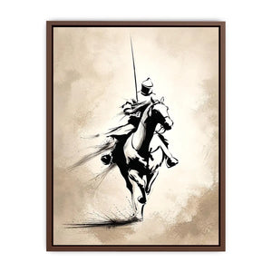 Vertical black ink horse rider canvas art for modern office or living room decor.
