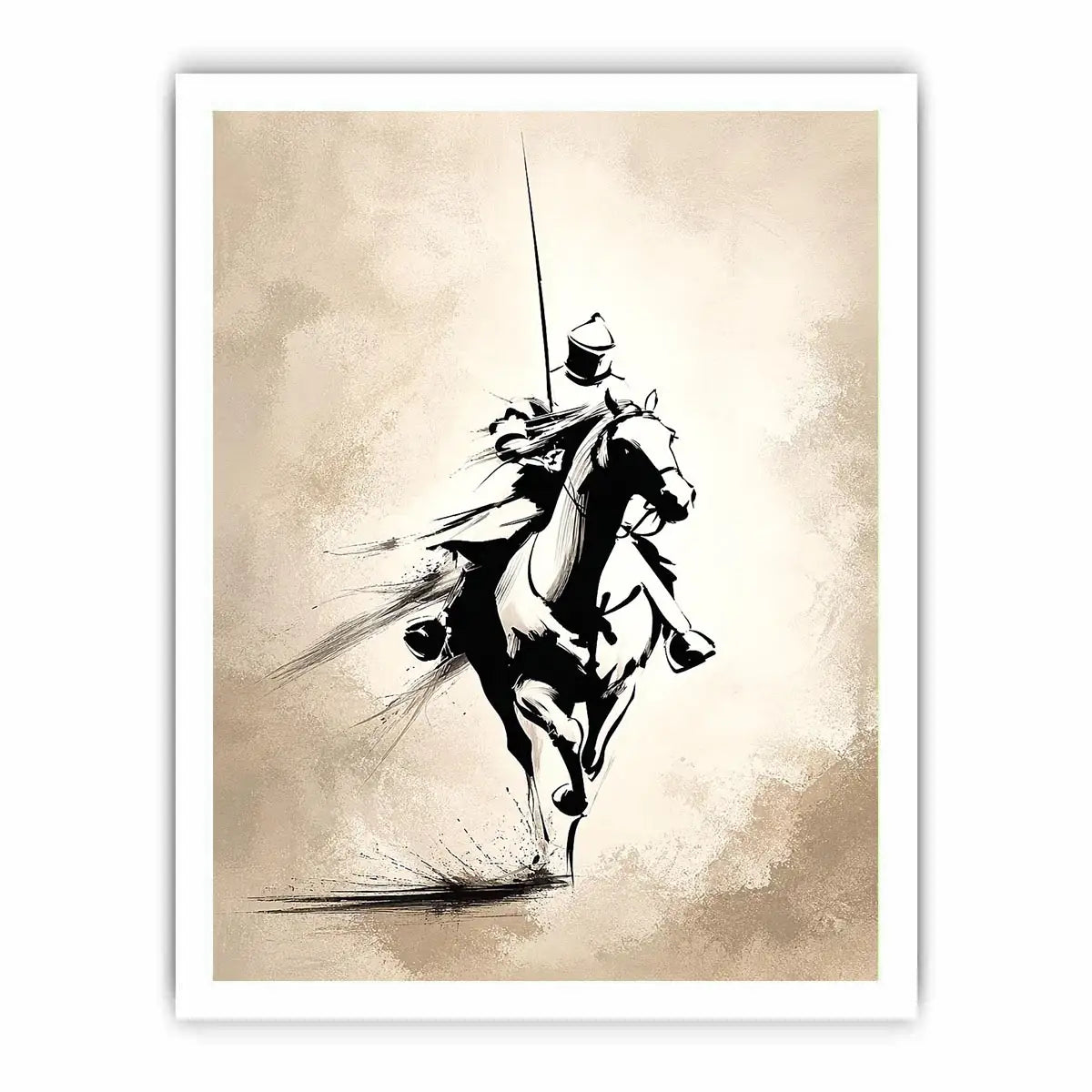 Vertical black ink horse rider canvas art for modern office or living room decor.