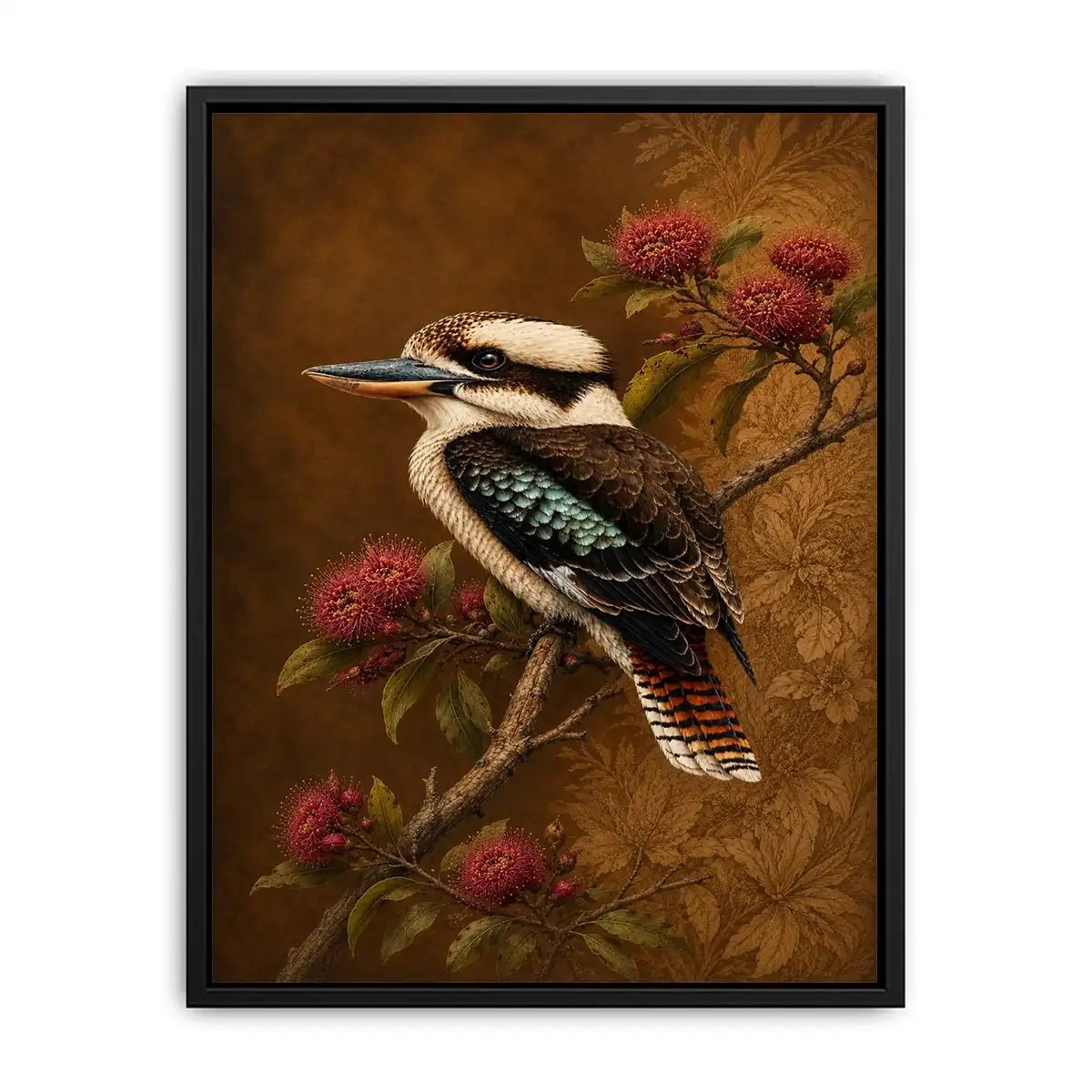 Kookaburra bird canvas art with native flowers for modern living room decor.