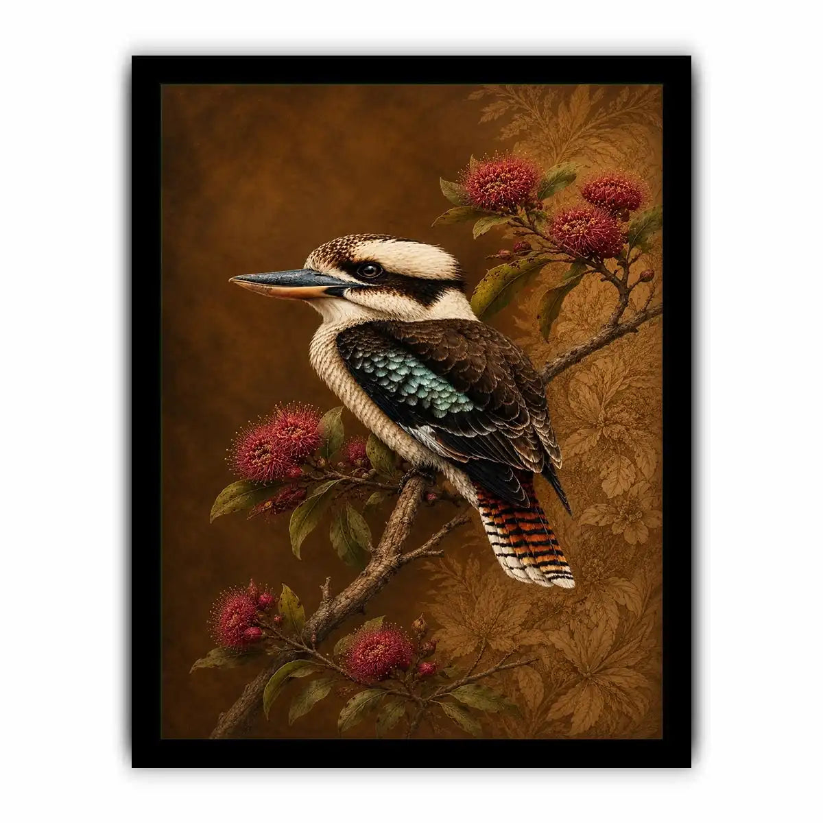 Kookaburra bird canvas art with native flowers for modern living room decor.