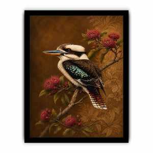 Kookaburra bird canvas art with native flowers for modern living room decor.