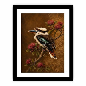 Kookaburra bird canvas art with native flowers for modern living room decor.