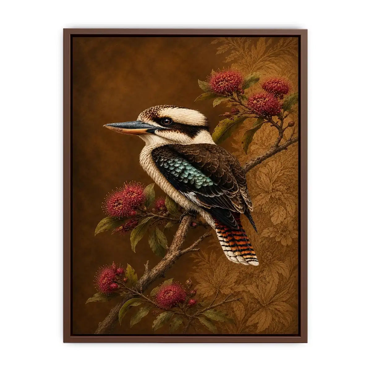 Kookaburra bird canvas art with native flowers for modern living room decor.