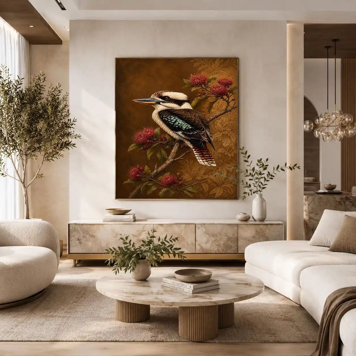 Kookaburra bird canvas art with native flowers for modern living room decor.
