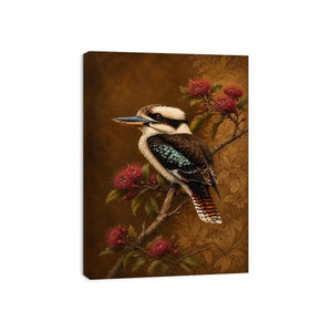 Kookaburra bird canvas art with native flowers for modern living room decor.