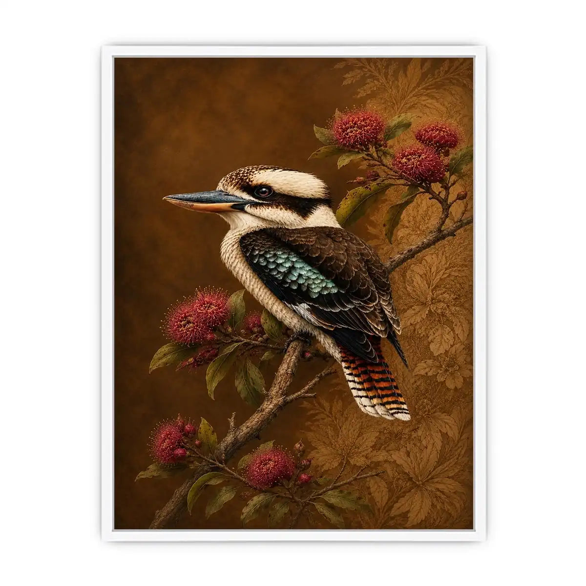 Kookaburra bird canvas art with native flowers for modern living room decor.