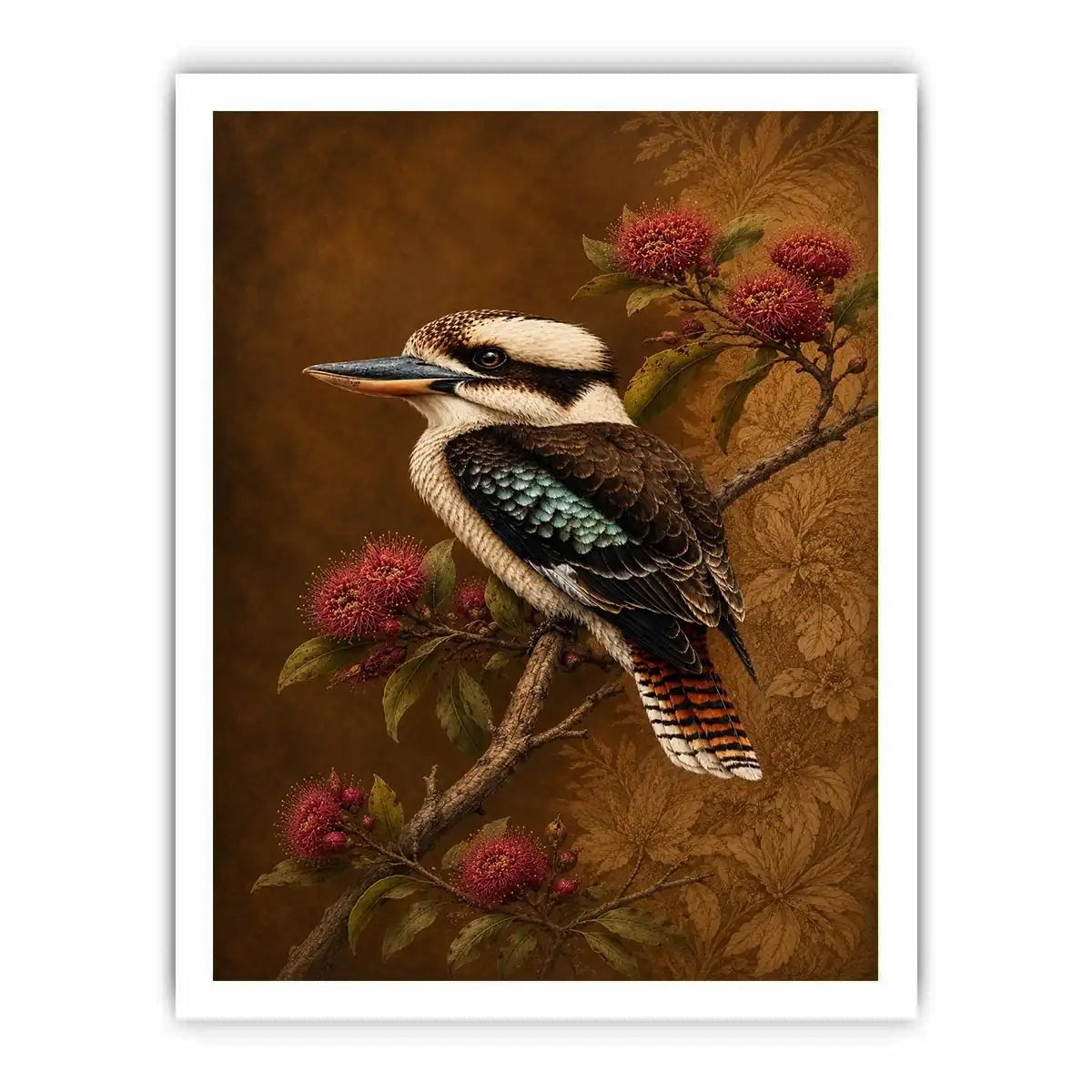 Kookaburra bird canvas art with native flowers for modern living room decor.