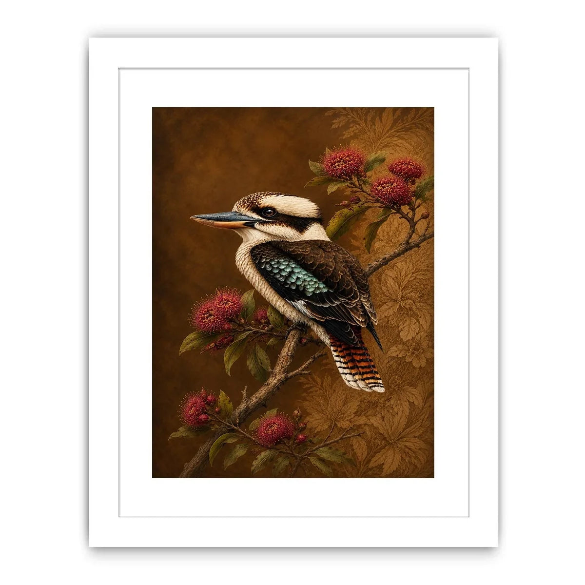 Kookaburra bird canvas art with native flowers for modern living room decor.