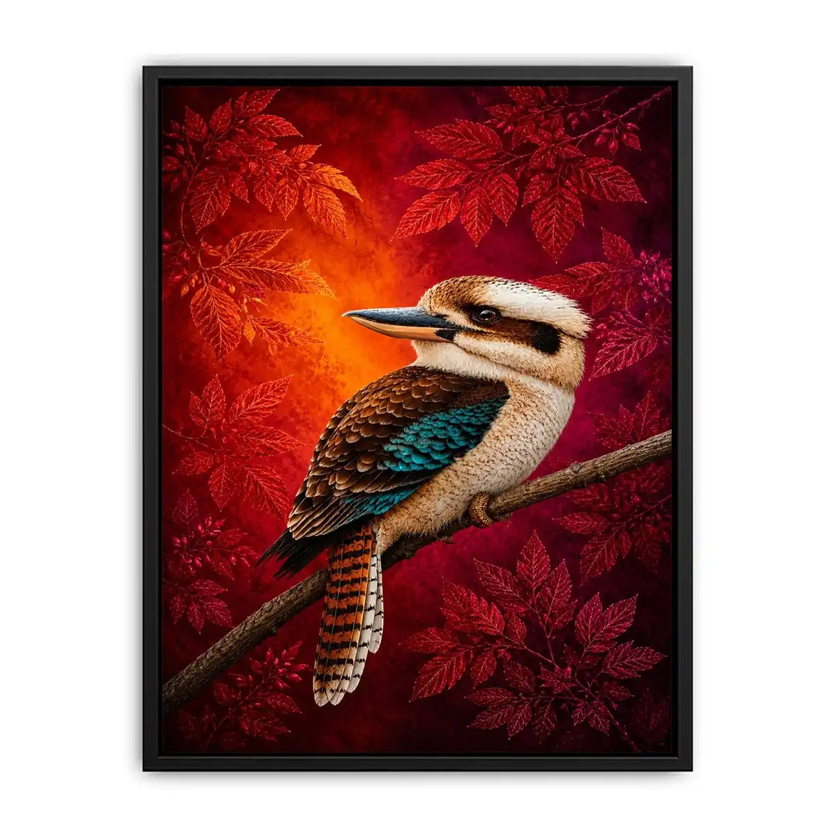 Bright kookaburra bird wall art with red foliage for modern living room decor.