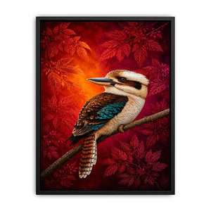 Bright kookaburra bird wall art with red foliage for modern living room decor.