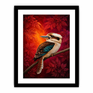 Bright kookaburra bird wall art with red foliage for modern living room decor.
