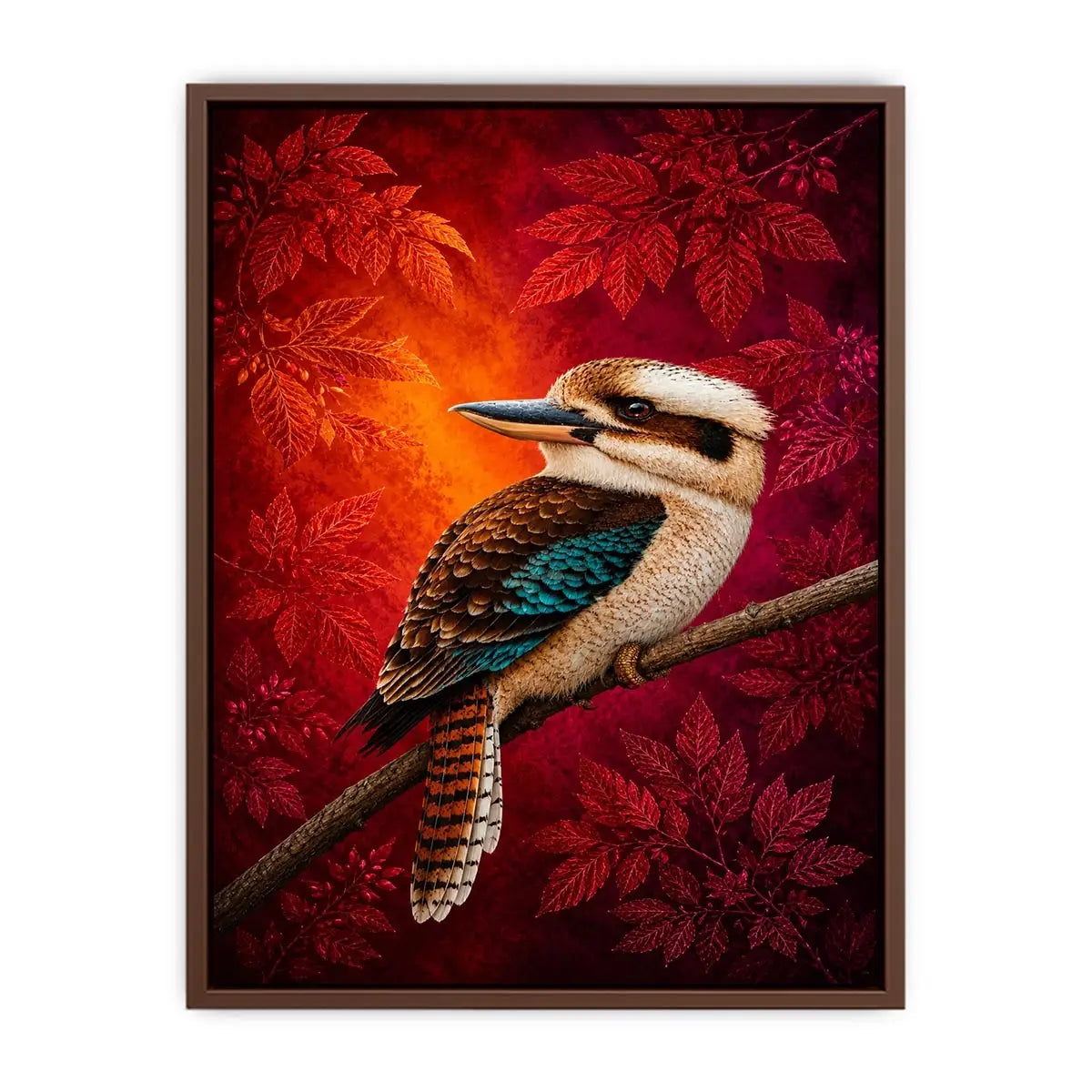 Bright kookaburra bird wall art with red foliage for modern living room decor.